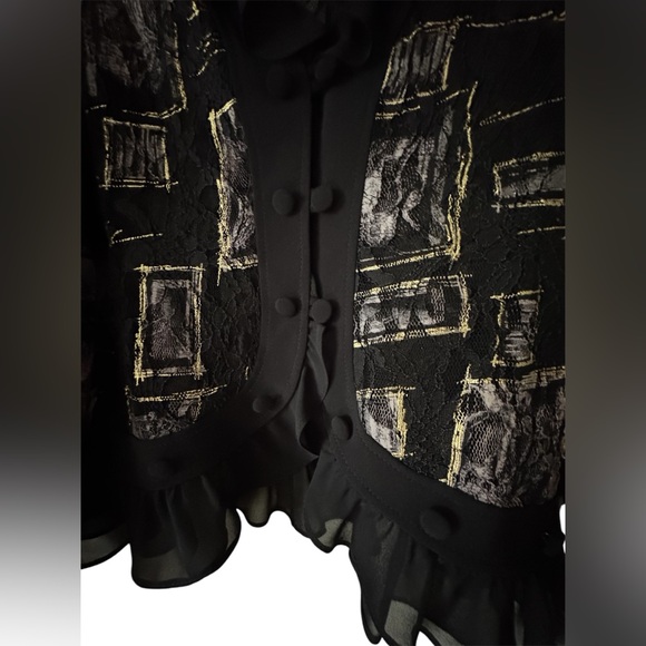 Joseph Ribkoff Black and Silver Ruffled Buttoned Blouse - Picture 4 of 6